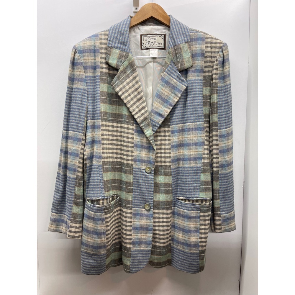 Laura Jefferies Vintage Plaid Patchwork Blazer Blue Tan Viscose Size L 0676007